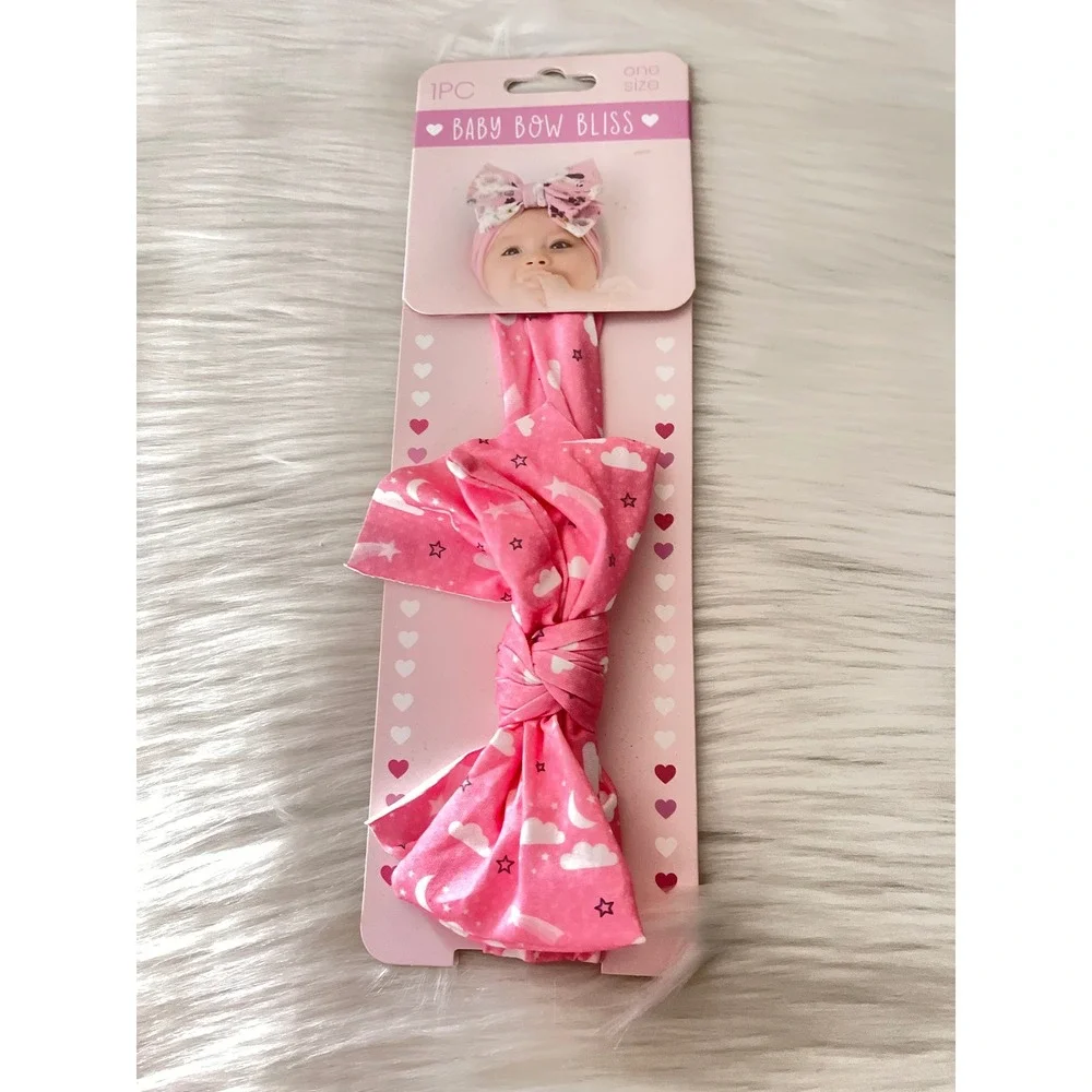 Baby Bow Bliss Pink knotted Headband Stretchy Soft Fabric White Celestial Print